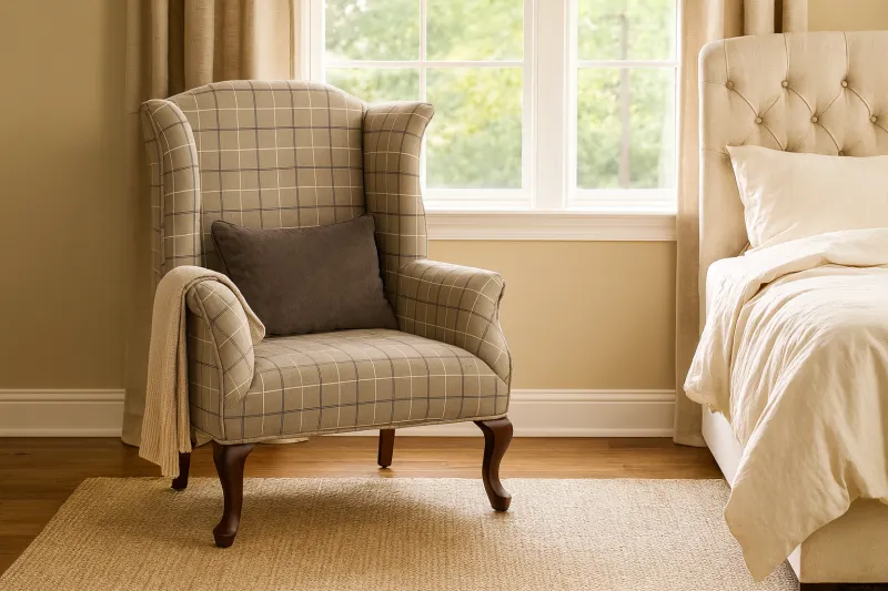 Carved Curved Teak Wood Bedroom Chair with Upholstery (DBC01)