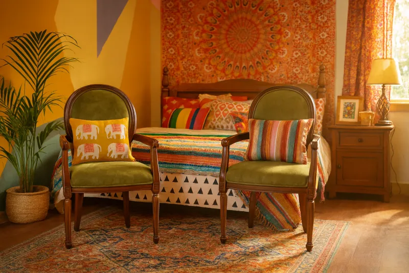 Traditional Teak Wood Bedroom Chair with Upholstery (DBC06)