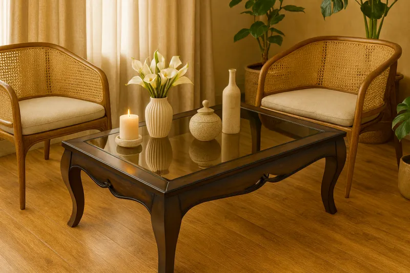 Carved Curved Teak Wood Center Table with Glass Top (DCT04)