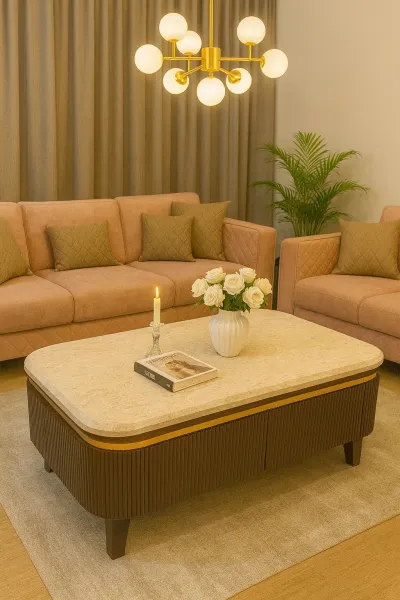 Modern L-Shape Teak Wood Center Table with Marble Top (DCT11)