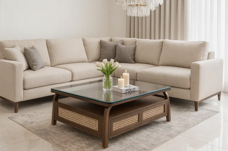 Modern Curved Teak Wood Center Table with Glass Top (DCT12)